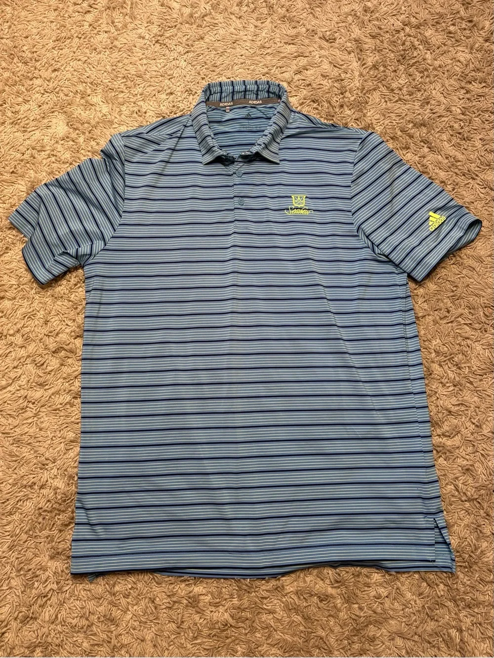 adidas Seaview Golf Club Men’s Light Blue & Navy Striped Polo with Neon Logo